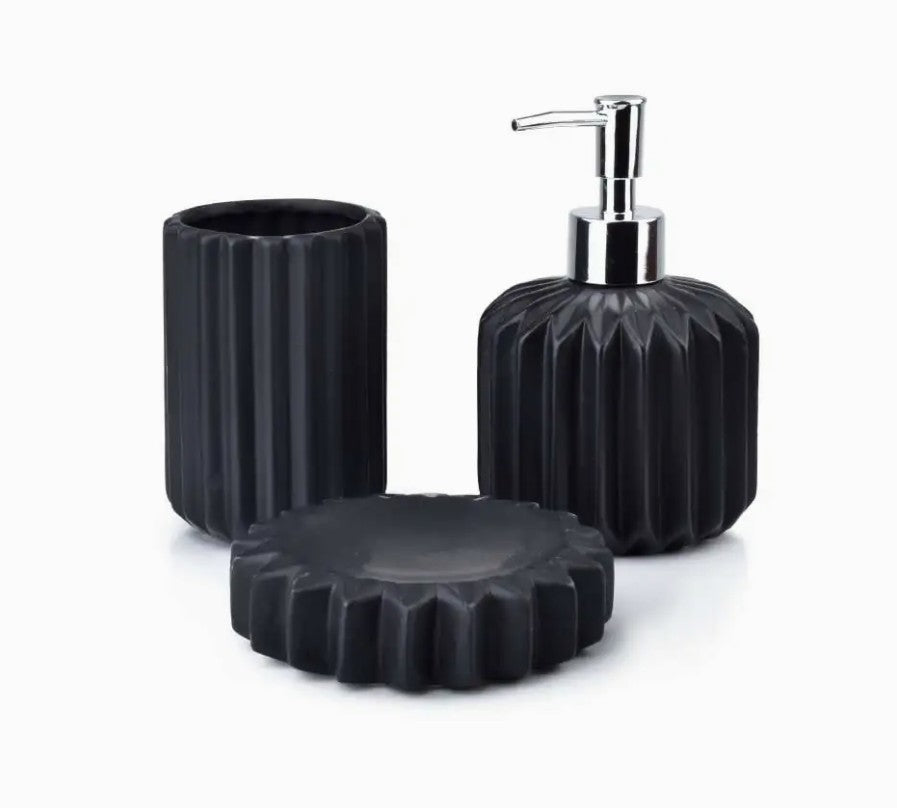 Set baie FERRA – 3 piese, ceramică embosată, 380 ml, negru – MONDEX / BathLab