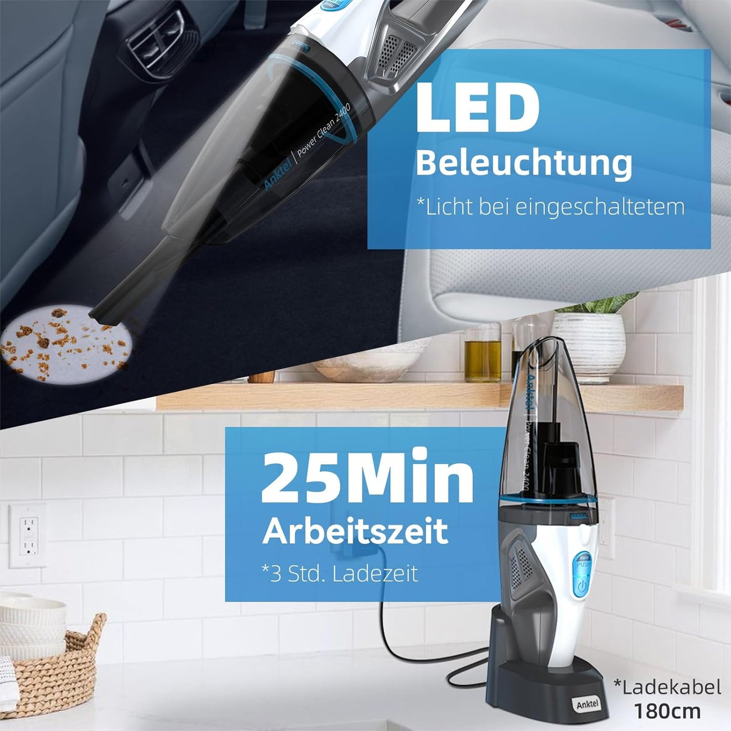 Anktel PowerClean 2400 – Aspirator Portabil fără Fir | 9500Pa, LED, Umed & Uscat, Stație de Încărcare, Filtru HEPA Lavabil
