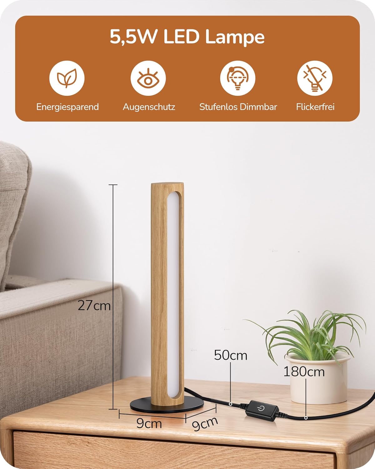Lampă de masă EDISHINE – LED integrat, tactilă, dimabilă, 3 temperaturi de culoare, design modern din lemn