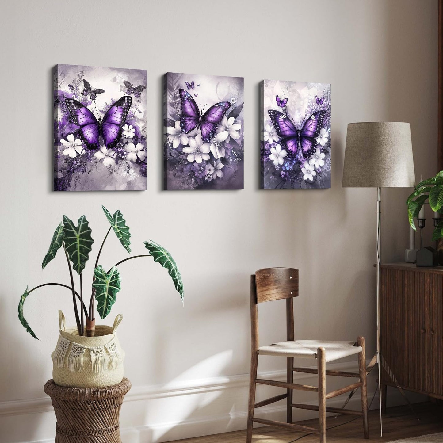 Set 3 Tablouri Canvas Fluturi Mov & Flori, 30 × 40 cm, Ready to Hang