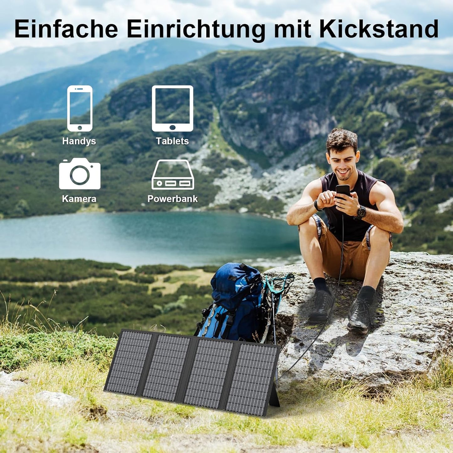 Panou Solar Portabil MHPOWOS 60W cu Suport – Încărcare Rapidă, Pliabil, Waterproof IP67, Ideal pentru Camping & Urgențe