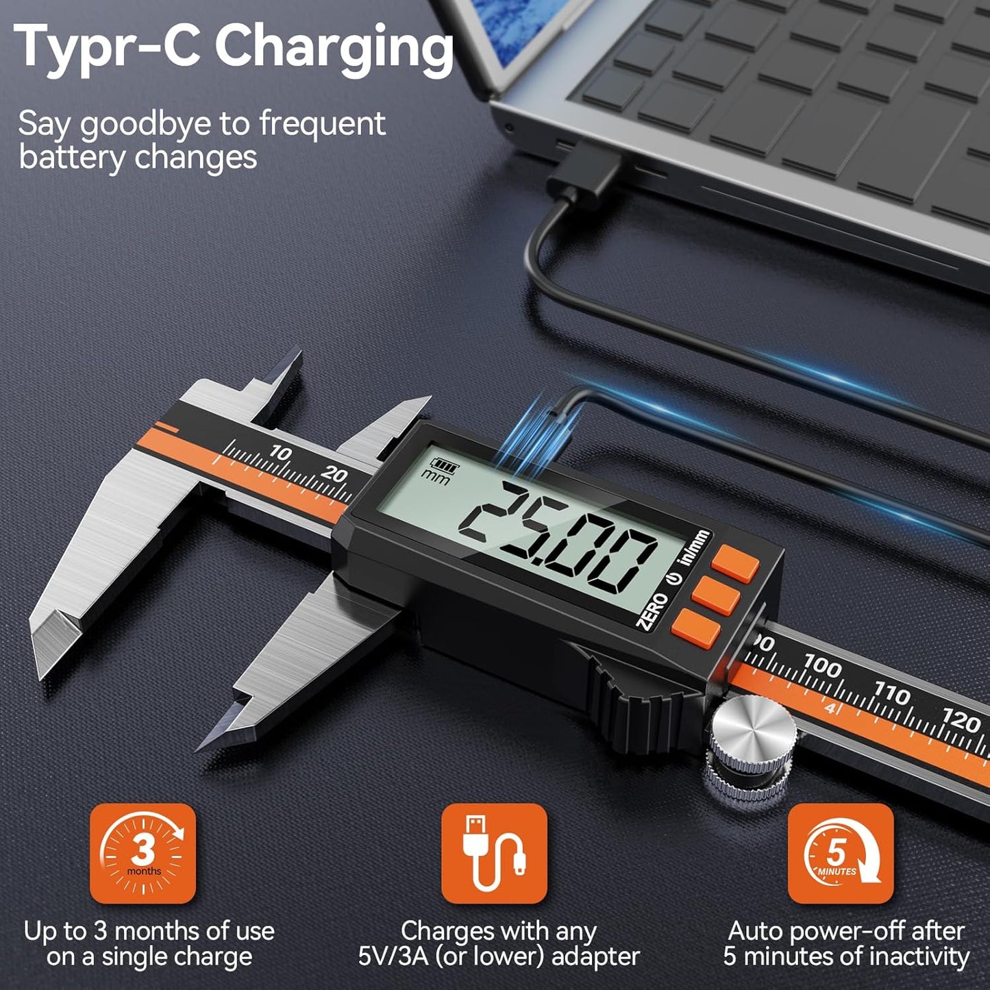 Șubler Digital Preciva 150mm / 6” – Reîncărcabil USB‑C, Oțel Inoxidabil, IP54, Acuratețe ±0.03mm, Ecran LCD Mare