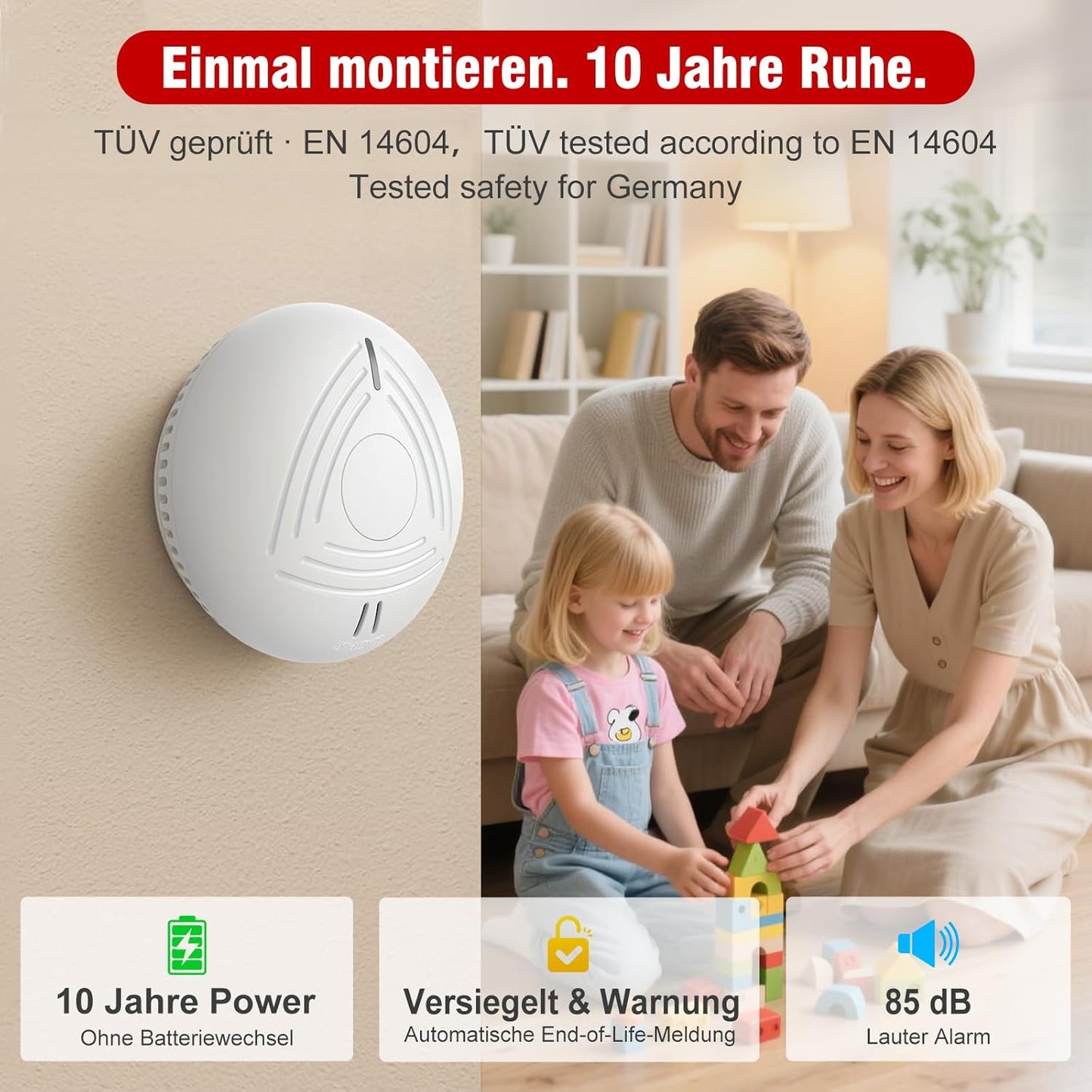 Set 3 Detectoare de Fum DAYTECH – Baterie 10 Ani, Montaj Magnetic, Certificare TÜV Rheinland, Alarmă 85 dB, Test & Mute