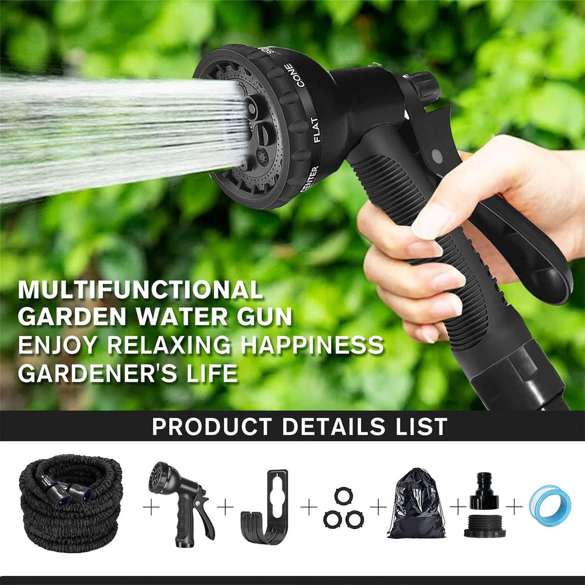 🌿 Furtun de grădină extensibil 7.5m LINGKY, 8 moduri jet, conectori metalici 1/2” & 3/4”, anti‑scurgeri