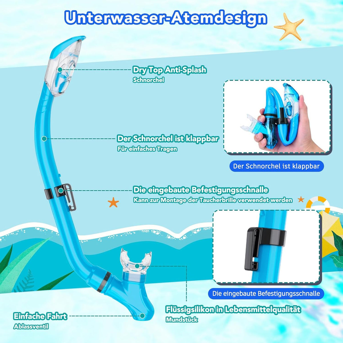 🐠 Set Snorkeling Copii HH HHAO SPORT, Anti‑Leak, Dry‑Top, Masca Tempered Glass, Labe Ajustabile, Albastru