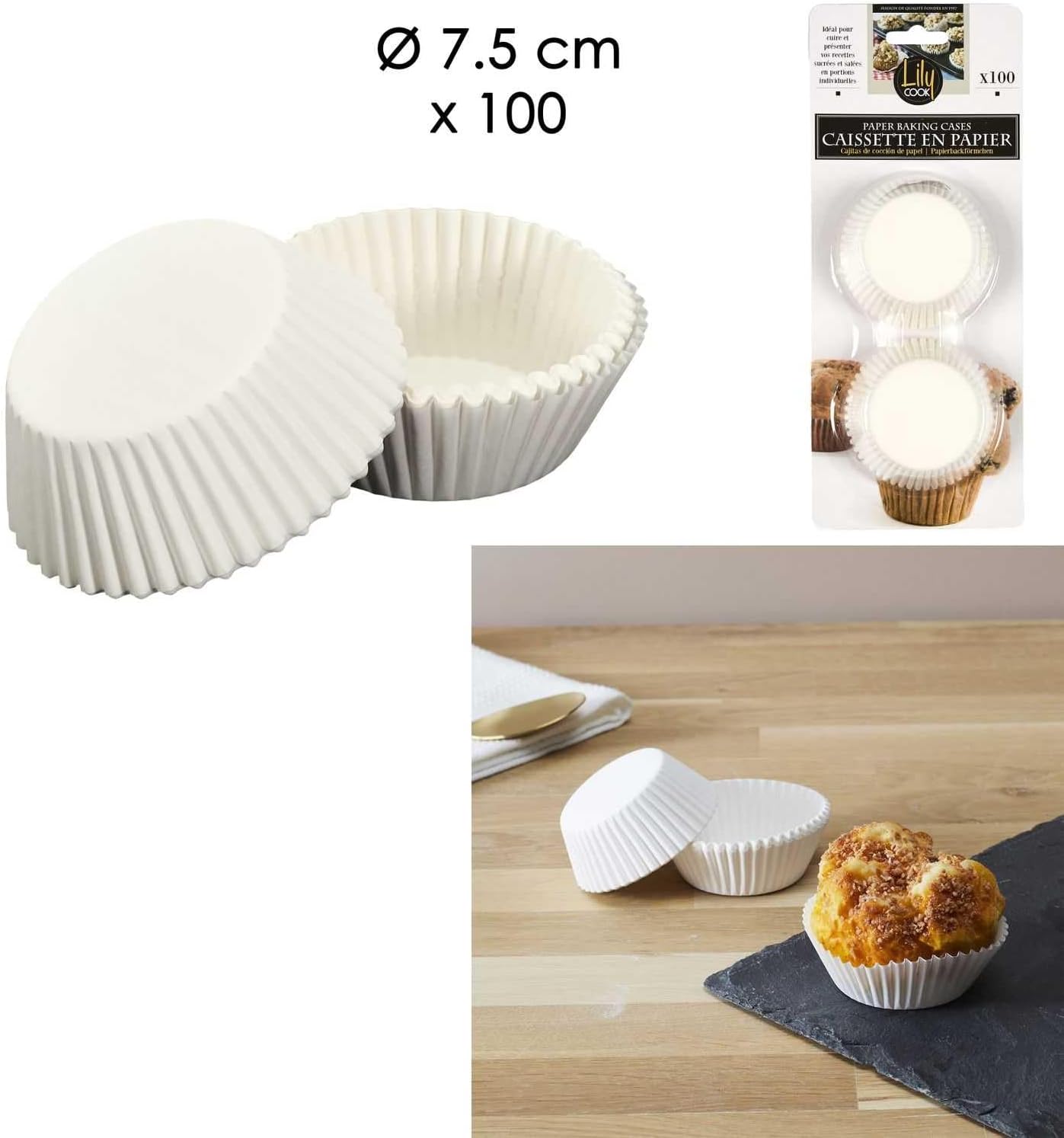 Forme de copt din hârtie pentru brioșe și cupcakes – LILY COOK KP0026, Ø 7,5 cm, Set alb