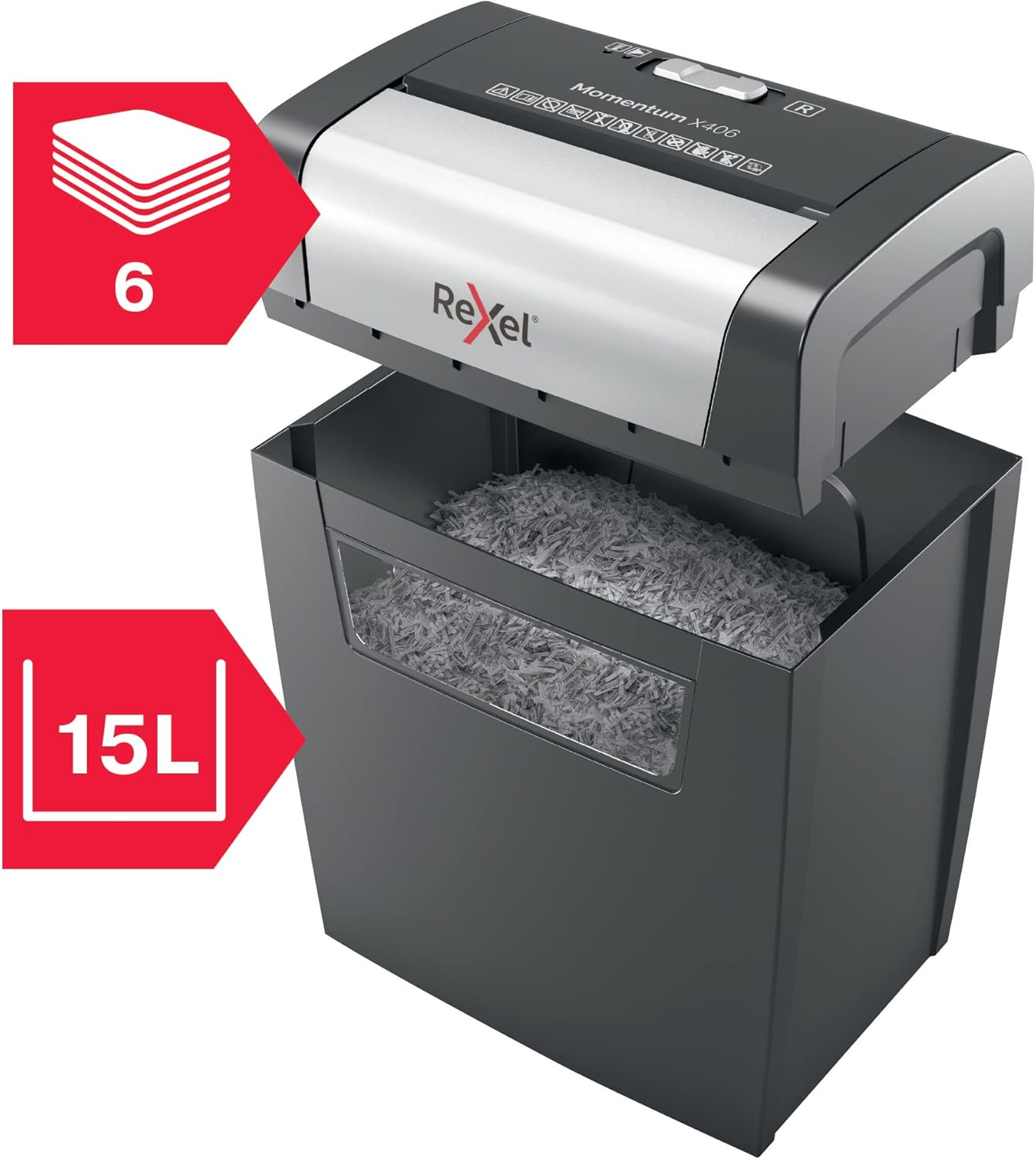 Distrugător de documente Rexel Momentum X406 – Cross‑Cut P4, 6 coli, Coș 15L, Negru