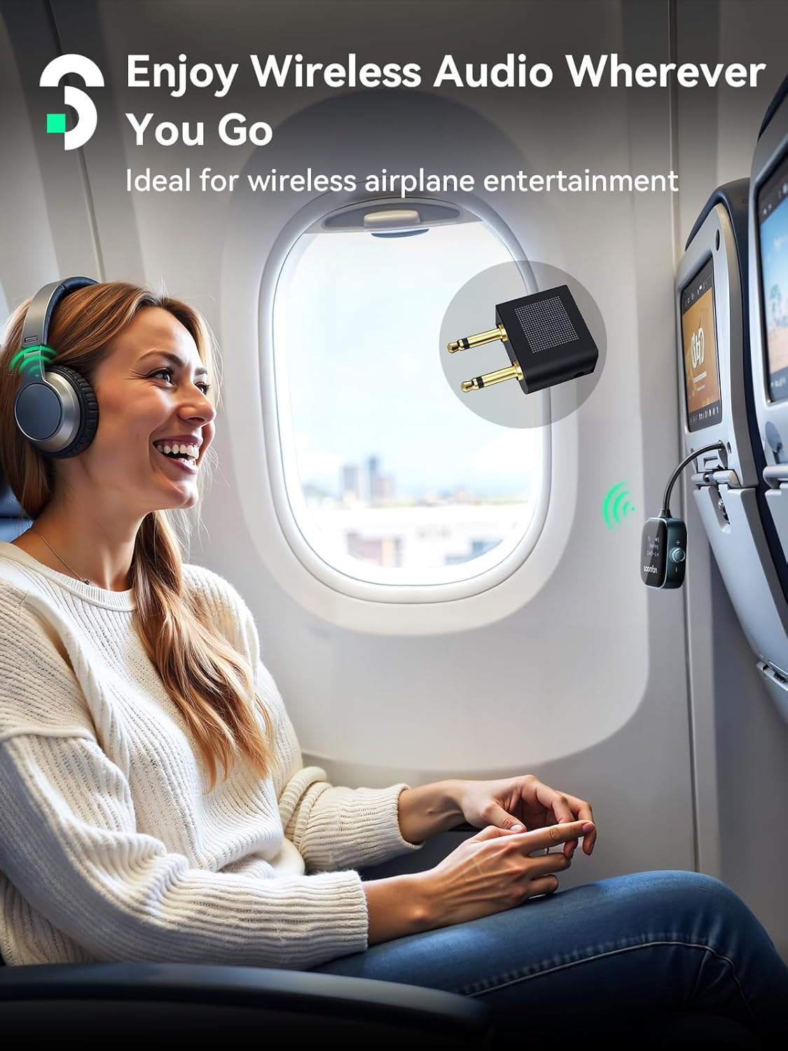 Adaptor Bluetooth 5.3 SOOMFON – Transmițător & Receptor 2‑în‑1, cu Ecran LCD și Conectare Duală (Pentru Avion, TV, Căști, Boxe)