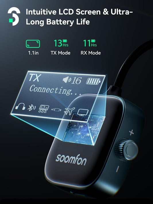 Adaptor Bluetooth 5.3 SOOMFON – Transmițător & Receptor 2‑în‑1, cu Ecran LCD și Conectare Duală (Pentru Avion, TV, Căști, Boxe)