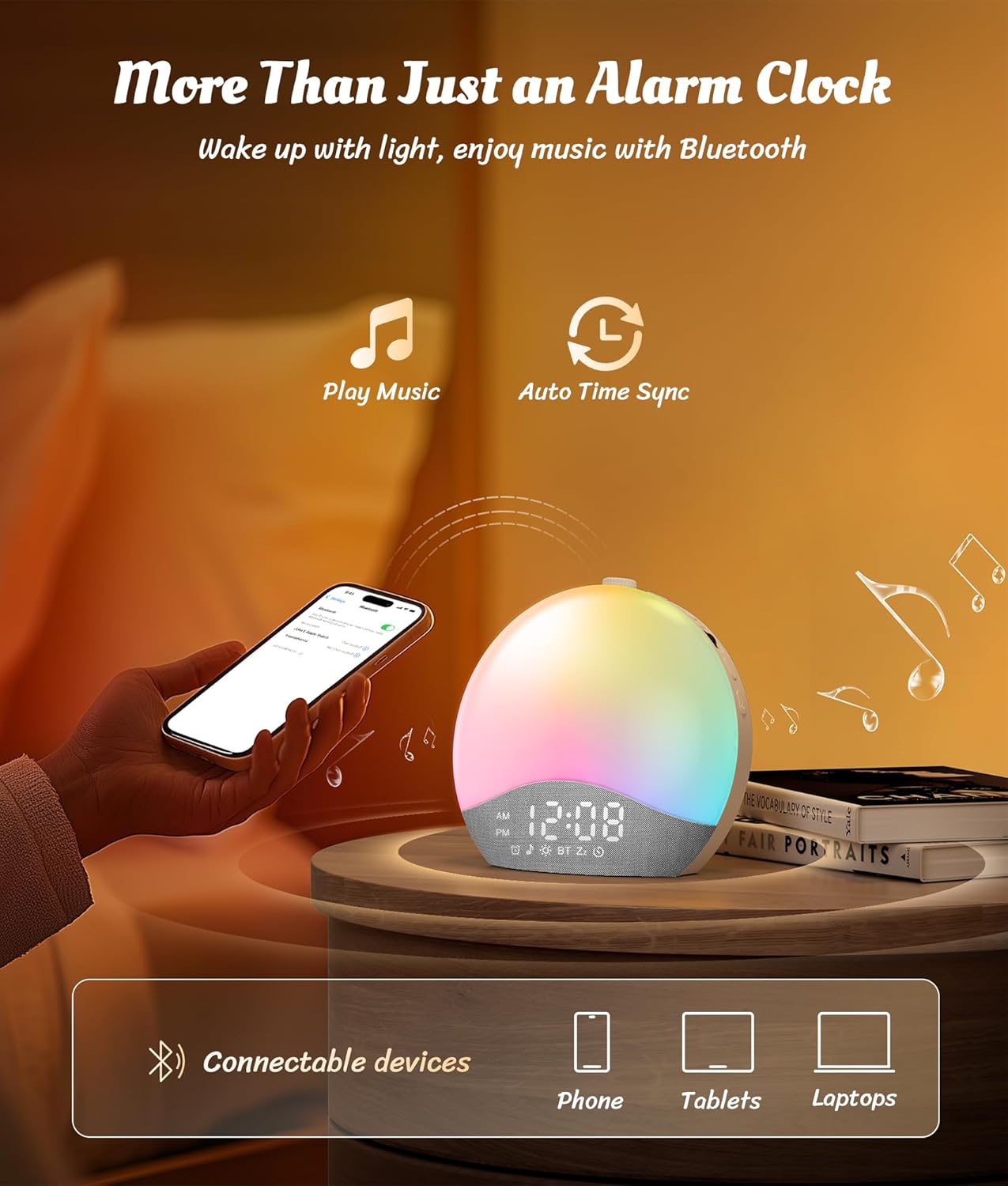 Lampa cu ceas cu Alarmă ecozy Sunrise – Lumină de Trezire, White Noise, 26 Sunete, 17 Culori, Difuzor Bluetooth