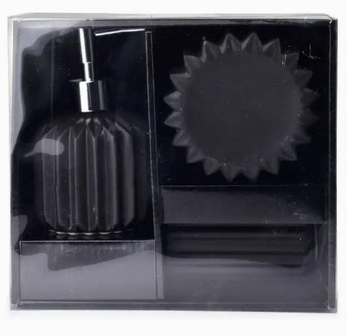 Set baie FERRA – 3 piese, ceramică embosată, 380 ml, negru – MONDEX / BathLab