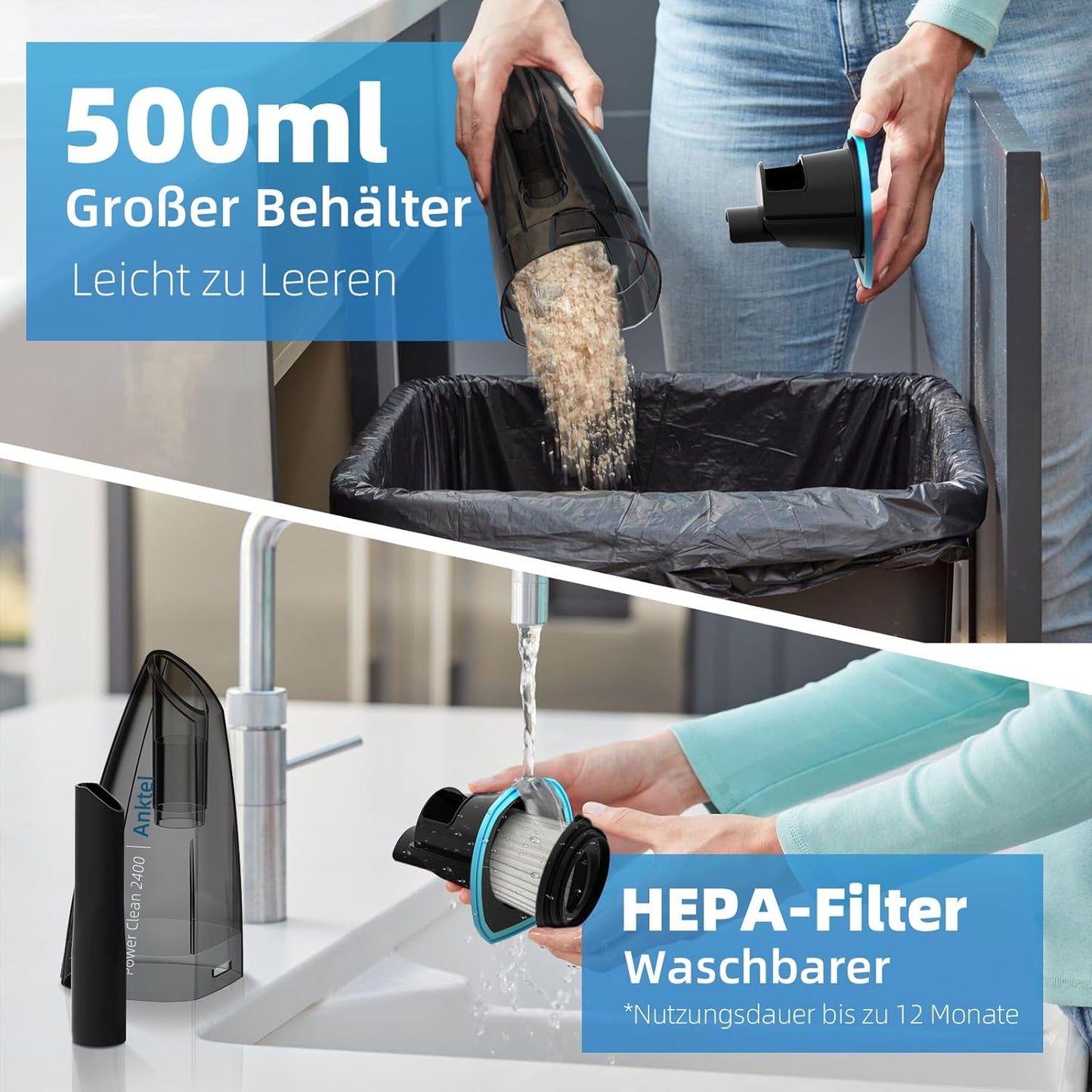 Anktel PowerClean 2400 – Aspirator Portabil fără Fir | 9500Pa, LED, Umed & Uscat, Stație de Încărcare, Filtru HEPA Lavabil