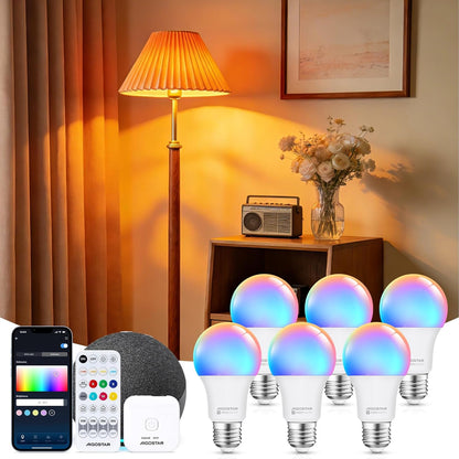 Aigostar Mesh – Set 6 Becuri Smart LED 9W, Bluetooth Mesh, E27, RGB + 2700K–6500K, 806 lm (cu Gateway & Telecomandă)