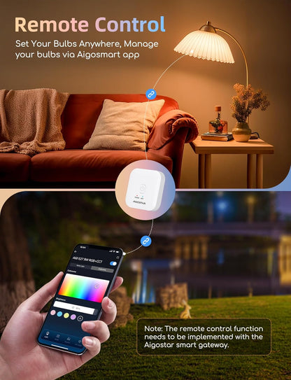 Aigostar Mesh – Set 6 Becuri Smart LED 9W, Bluetooth Mesh, E27, RGB + 2700K–6500K, 806 lm (cu Gateway & Telecomandă)