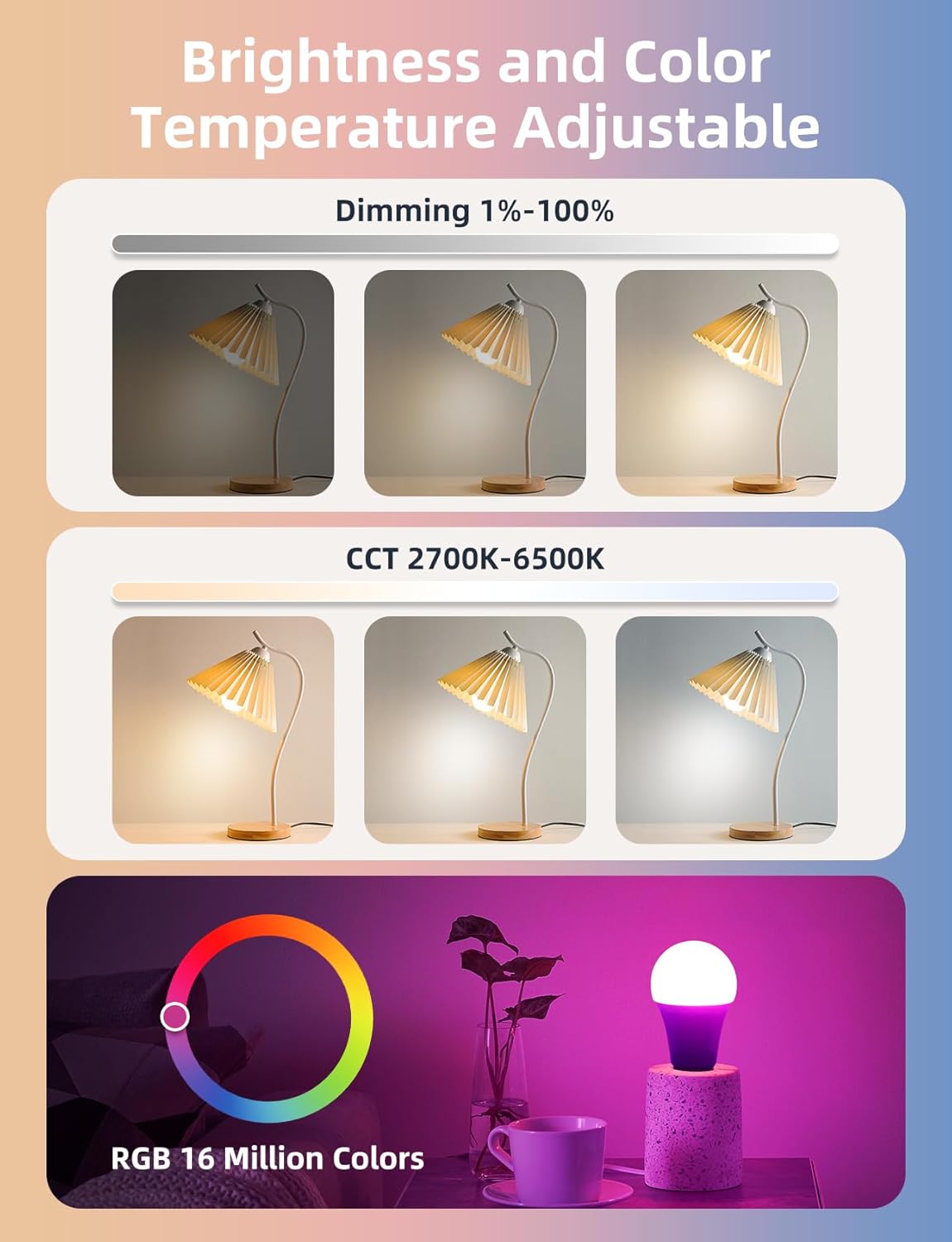 Aigostar Mesh – Set 6 Becuri Smart LED 9W, Bluetooth Mesh, E27, RGB + 2700K–6500K, 806 lm (cu Gateway & Telecomandă)