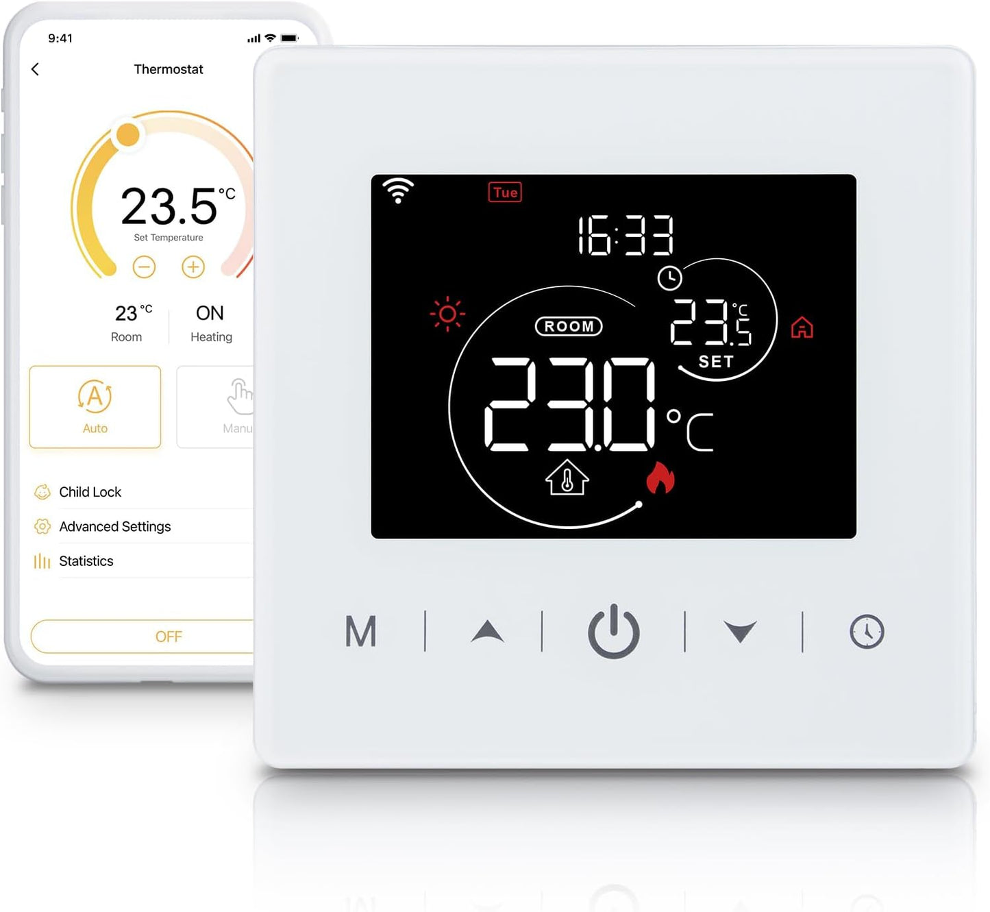 Termostat inteligent Beok WR‑03 – WiFi, 2 fire, alimentare pe baterii, compatibil Tuya/Smart Life, control vocal Alexa & Google