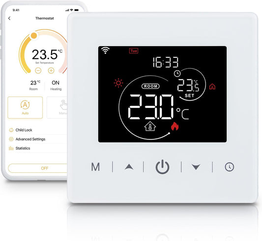 Termostat inteligent Beok WR‑03 – WiFi, 2 fire, alimentare pe baterii, compatibil Tuya/Smart Life, control vocal Alexa & Google