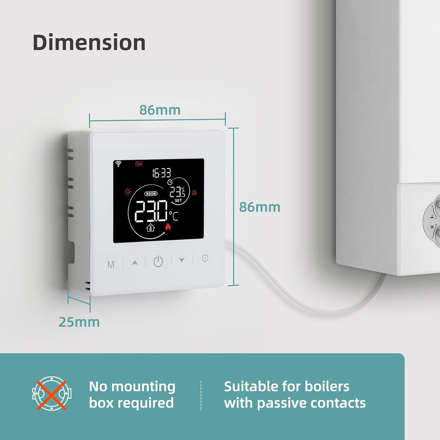 Termostat inteligent Beok WR‑03 – WiFi, 2 fire, alimentare pe baterii, compatibil Tuya/Smart Life, control vocal Alexa & Google