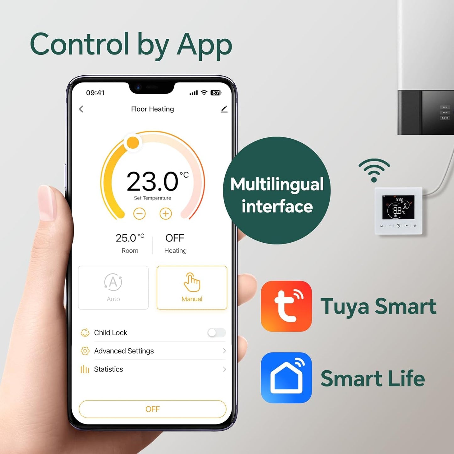 Termostat inteligent Beok WR‑03 – WiFi, 2 fire, alimentare pe baterii, compatibil Tuya/Smart Life, control vocal Alexa & Google