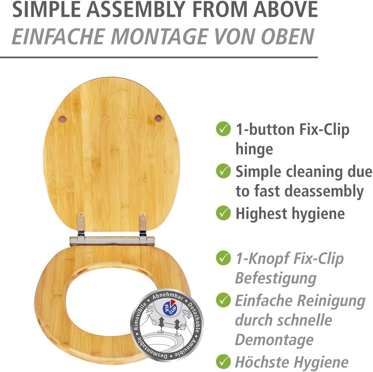 WENKO Bambusa – Capac WC din Bambus cu Soft‑Close & Fix‑Clip, Rezistent la Umiditate, 34.5 × 40.5 cm