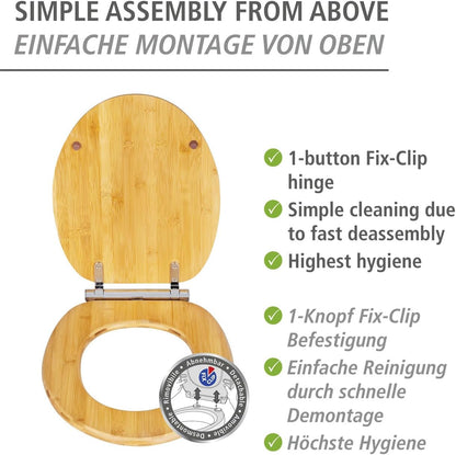 WENKO Bambusa – Capac WC din Bambus cu Soft‑Close & Fix‑Clip, Rezistent la Umiditate, 34.5 × 40.5 cm