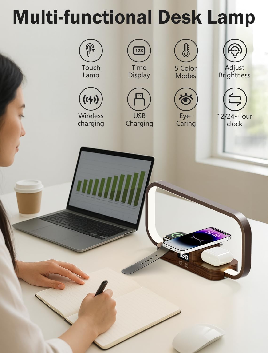 Lampă de Noptieră 3‑în‑1 CRLL | Încărcare Wireless + Port USB, 5 Culori, Control Tactil, Afișaj Oră