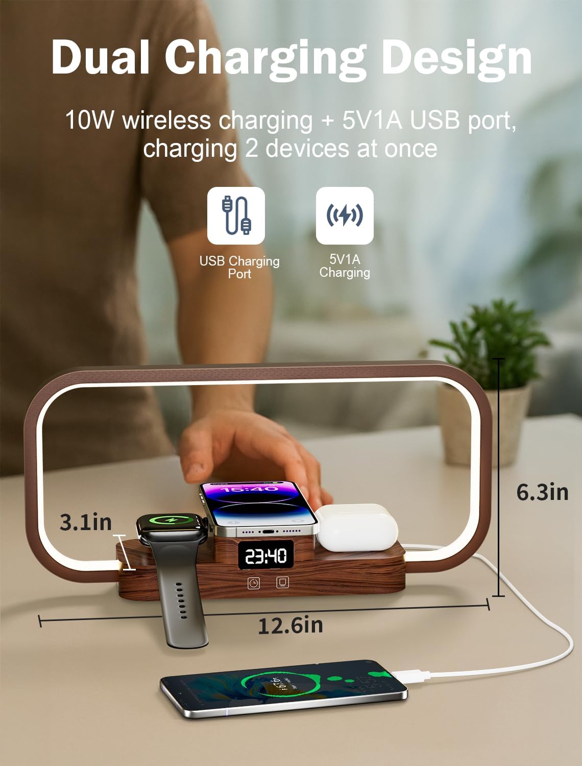 Lampă de Noptieră 3‑în‑1 CRLL | Încărcare Wireless + Port USB, 5 Culori, Control Tactil, Afișaj Oră