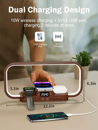 Lampă de Noptieră 3‑în‑1 CRLL | Încărcare Wireless + Port USB, 5 Culori, Control Tactil, Afișaj Oră