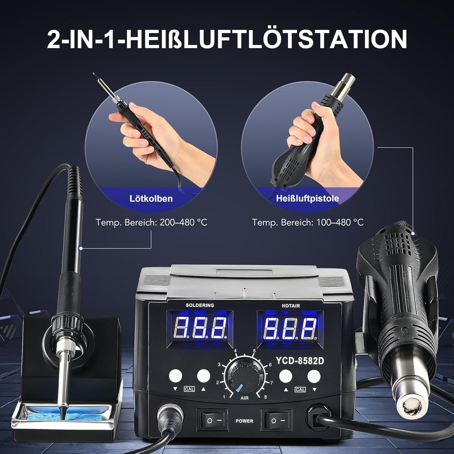 Stație de lipit CREWORKS 2‑în‑1 – 750W Aer Cald + 75W Letcon, Control Digital PID