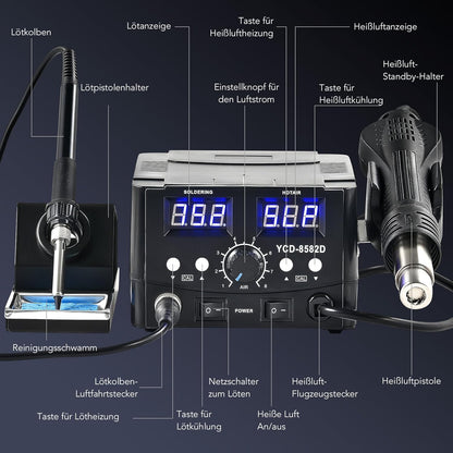 Stație de lipit CREWORKS 2‑în‑1 – 750W Aer Cald + 75W Letcon, Control Digital PID