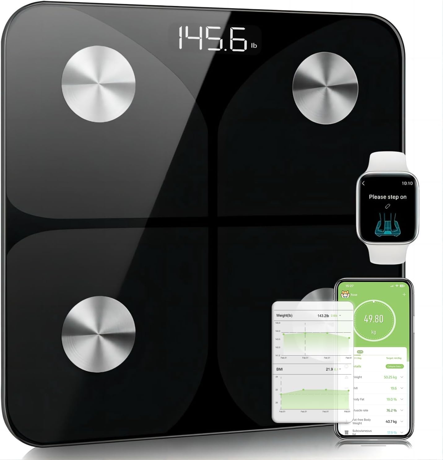 Cântar Smart pentru Greutate și Analiză Corporală – 13 Indici Corporali, Bluetooth, Acuratețe Ridicată, App Fitdays (Negru)