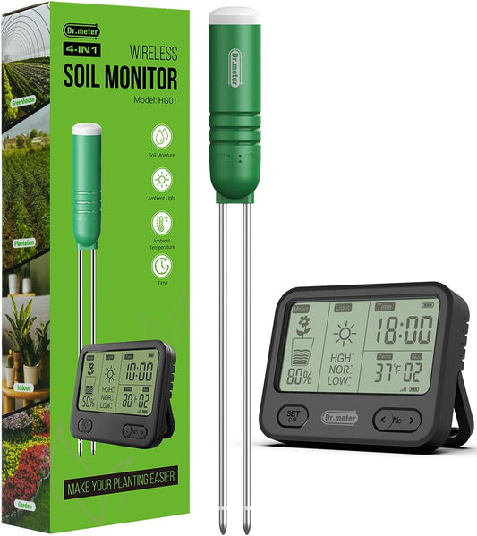 Dr.meter 4‑în‑1 – Senzor Wireless pentru Umiditatea Solului, Lumină, Temperatură și Timp (300 ft / 90 m)
