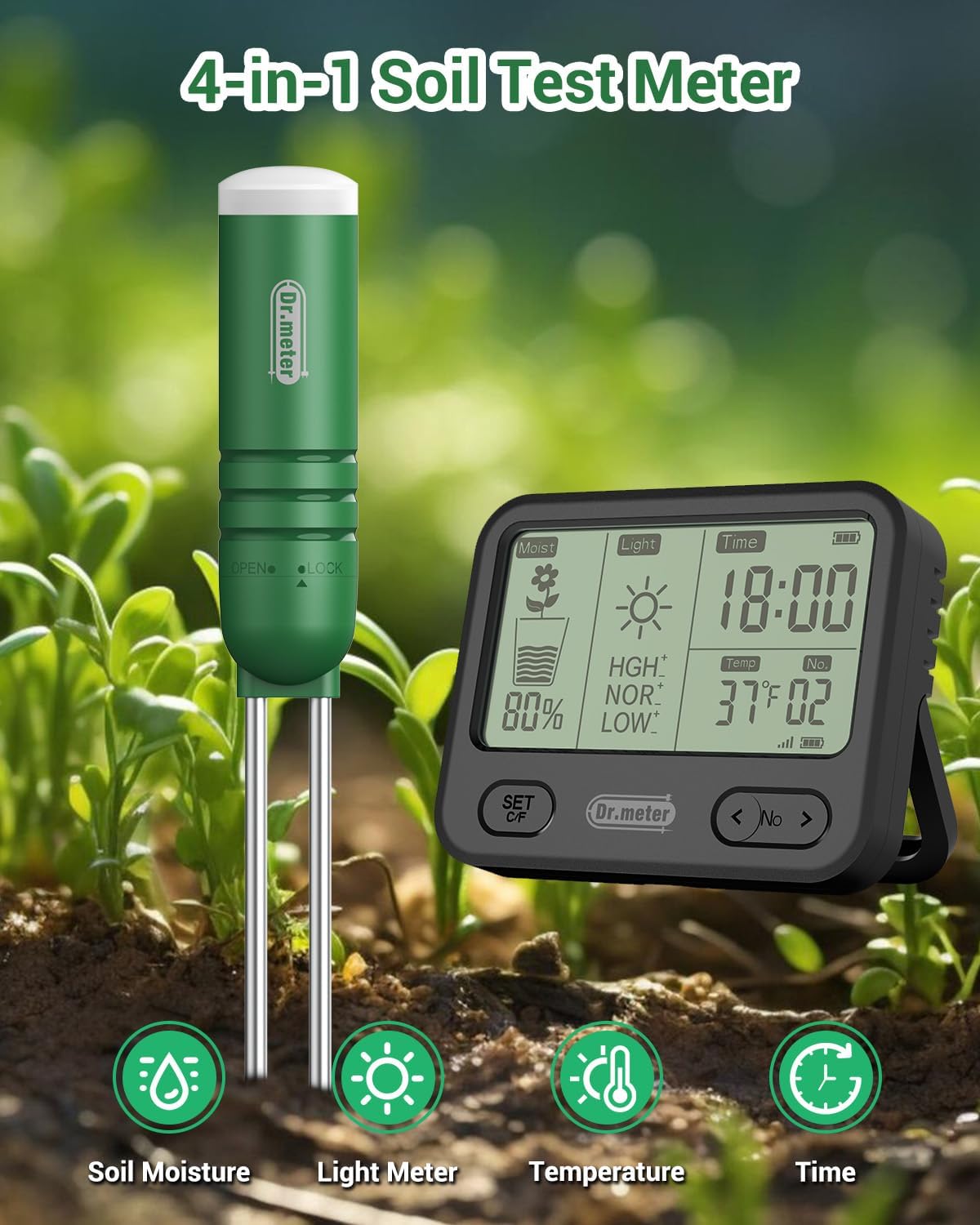 Dr.meter 4‑în‑1 – Senzor Wireless pentru Umiditatea Solului, Lumină, Temperatură și Timp (300 ft / 90 m)
