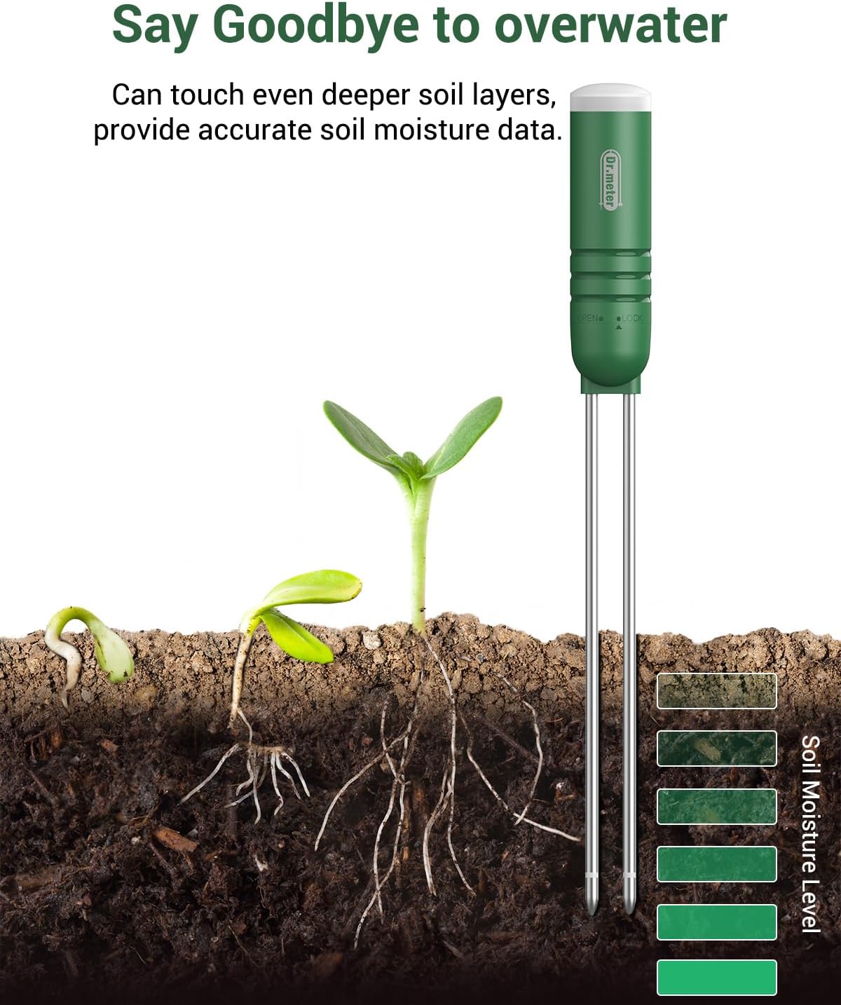 Dr.meter 4‑în‑1 – Senzor Wireless pentru Umiditatea Solului, Lumină, Temperatură și Timp (300 ft / 90 m)