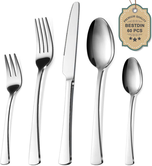 Set Tacâmuri Bestdin pentru 12 Persoane – 60 Piese, Oțel Inoxidabil Premium, Rezistent la Rugină, Potrivite pentru Mașina de Spălat Vase