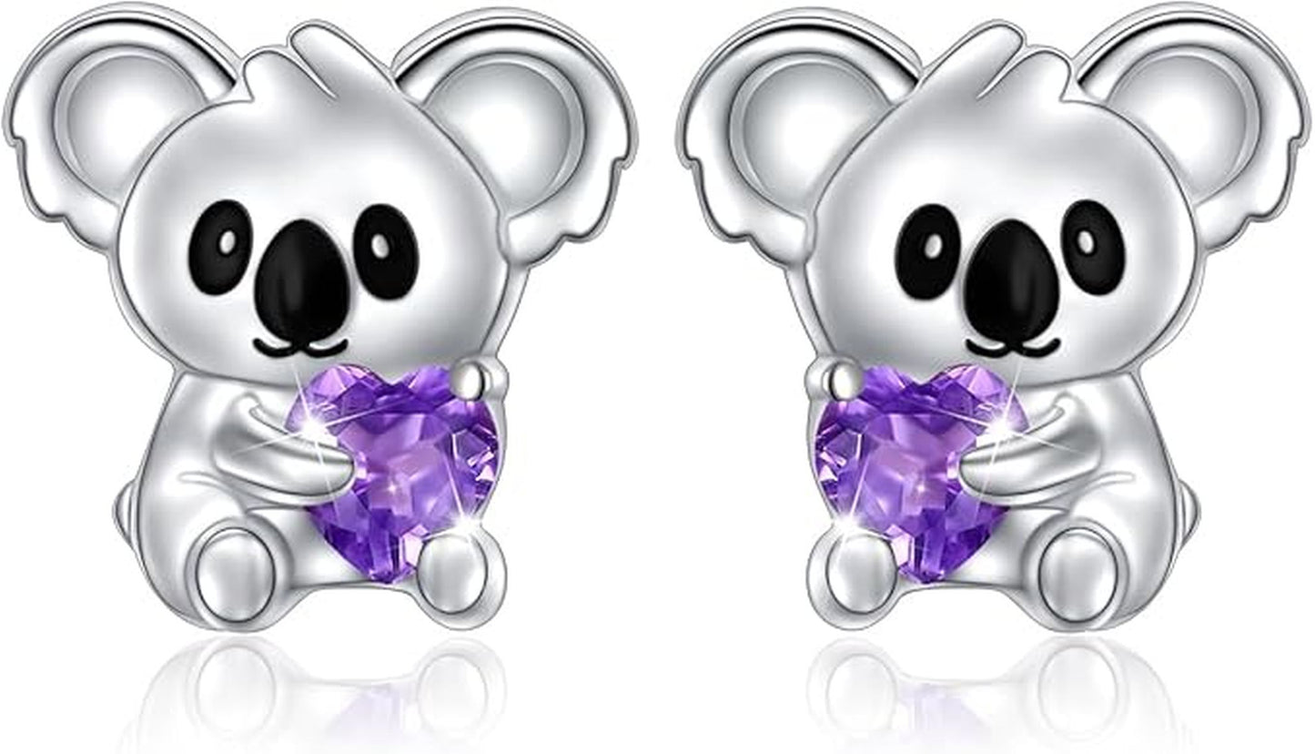 Cercei Koala din Argint 925 – Flyow | Hipoalergenici, Zirconiu Violet, Cadou Perfect pentru Femei și Fete