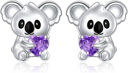 Cercei Koala din Argint 925 – Flyow | Hipoalergenici, Zirconiu Violet, Cadou Perfect pentru Femei și Fete