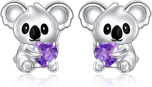Cercei Koala din Argint 925 – Flyow | Hipoalergenici, Zirconiu Violet, Cadou Perfect pentru Femei și Fete