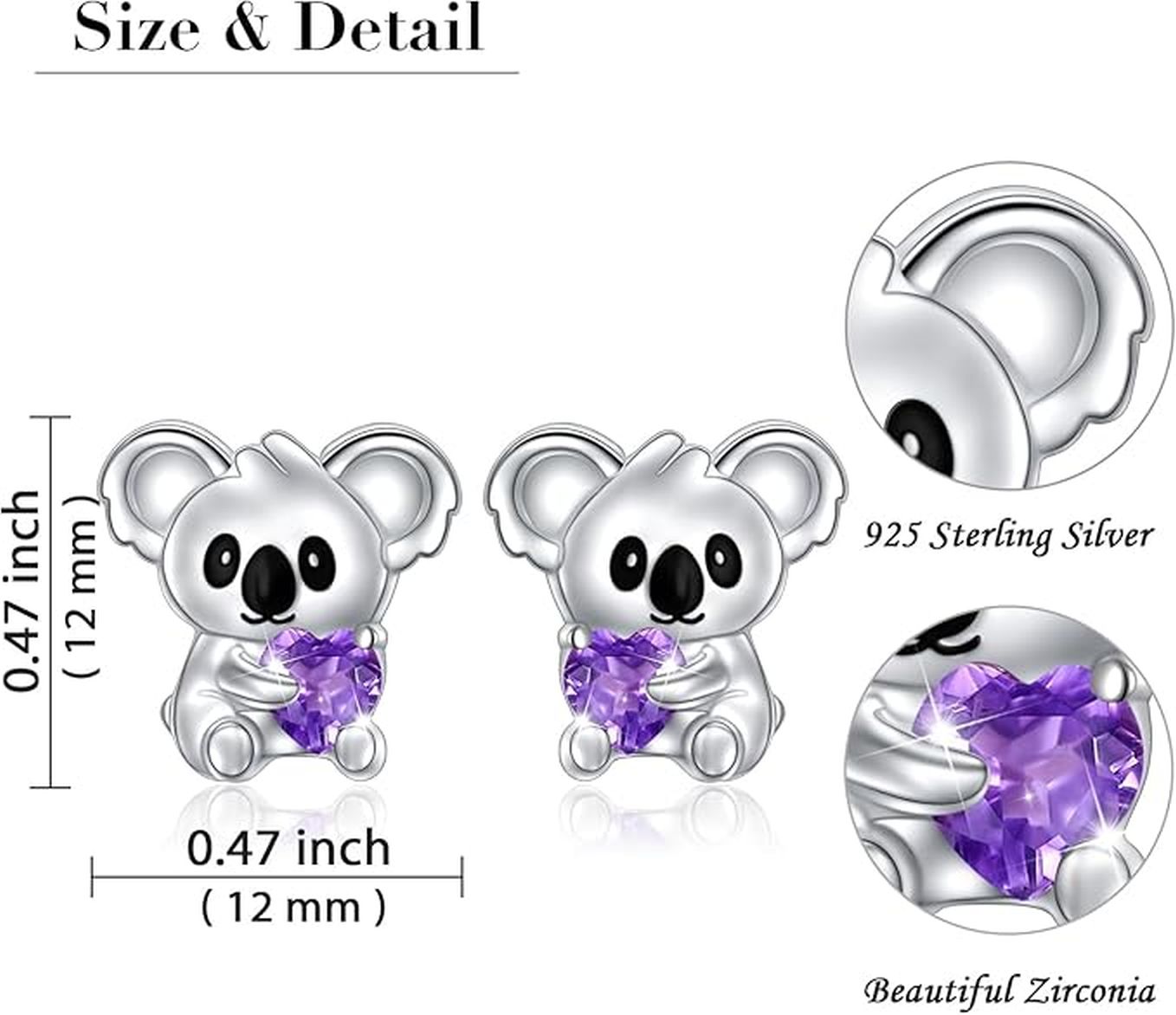 Cercei Koala din Argint 925 – Flyow | Hipoalergenici, Zirconiu Violet, Cadou Perfect pentru Femei și Fete