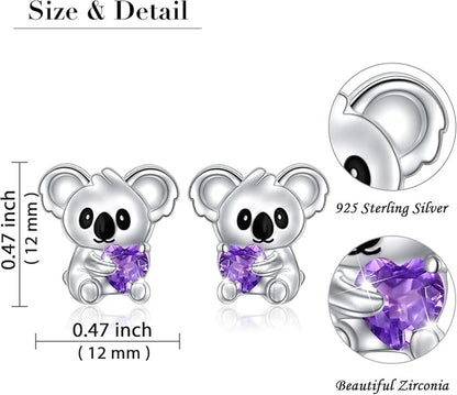 Cercei Koala din Argint 925 – Flyow | Hipoalergenici, Zirconiu Violet, Cadou Perfect pentru Femei și Fete