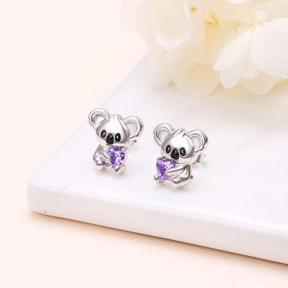 Cercei Koala din Argint 925 – Flyow | Hipoalergenici, Zirconiu Violet, Cadou Perfect pentru Femei și Fete