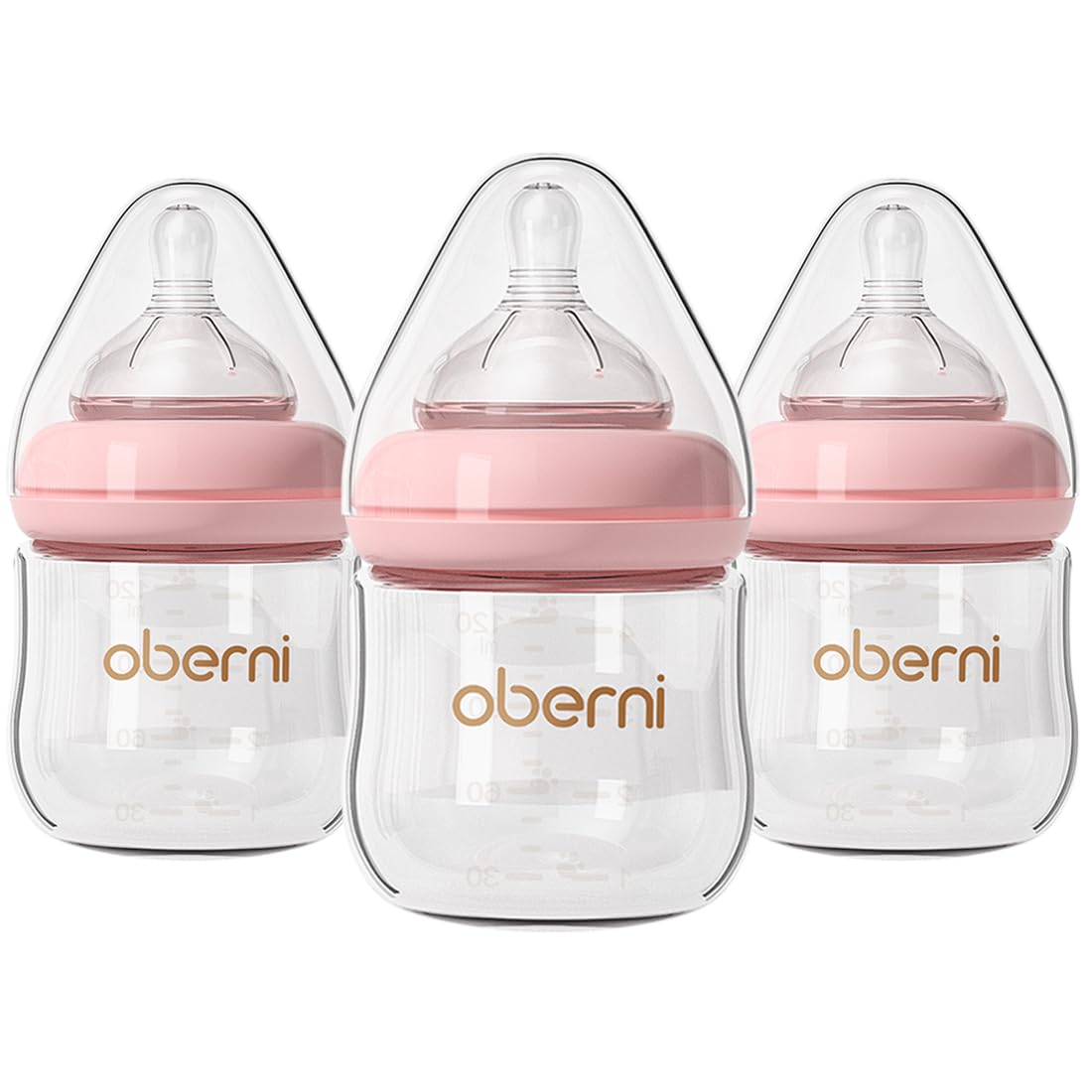 Set 3 Biberoane din Sticlă Oberni – 120 ml, Tetină din Silicon, Anti‑Colici, 0+ Luni, Roz