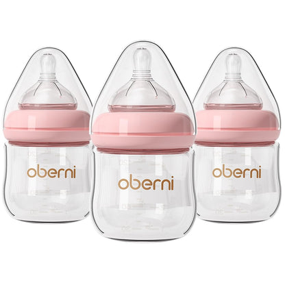 Set 3 Biberoane din Sticlă Oberni – 120 ml, Tetină din Silicon, Anti‑Colici, 0+ Luni, Roz