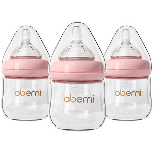 Set 3 Biberoane din Sticlă Oberni – 120 ml, Tetină din Silicon, Anti‑Colici, 0+ Luni, Roz