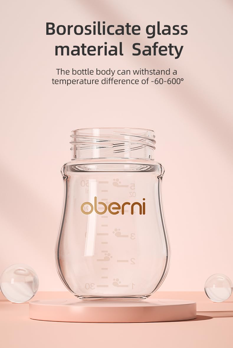 Set 3 Biberoane din Sticlă Oberni – 120 ml, Tetină din Silicon, Anti‑Colici, 0+ Luni, Roz