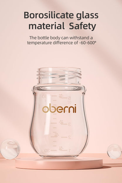 Set 3 Biberoane din Sticlă Oberni – 120 ml, Tetină din Silicon, Anti‑Colici, 0+ Luni, Roz