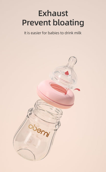 Set 3 Biberoane din Sticlă Oberni – 120 ml, Tetină din Silicon, Anti‑Colici, 0+ Luni, Roz