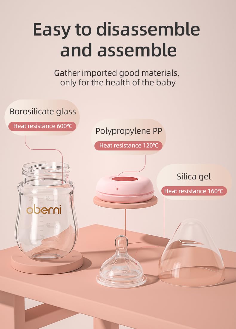 Set 3 Biberoane din Sticlă Oberni – 120 ml, Tetină din Silicon, Anti‑Colici, 0+ Luni, Roz