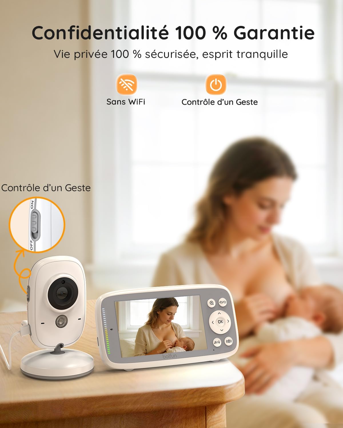 BOIFUN Baby Monitor 4” – 2 Camere, 720P IPS, Night Vision Invizibil, 3X Zoom, Fără WiFi, Securitate 100% Privată