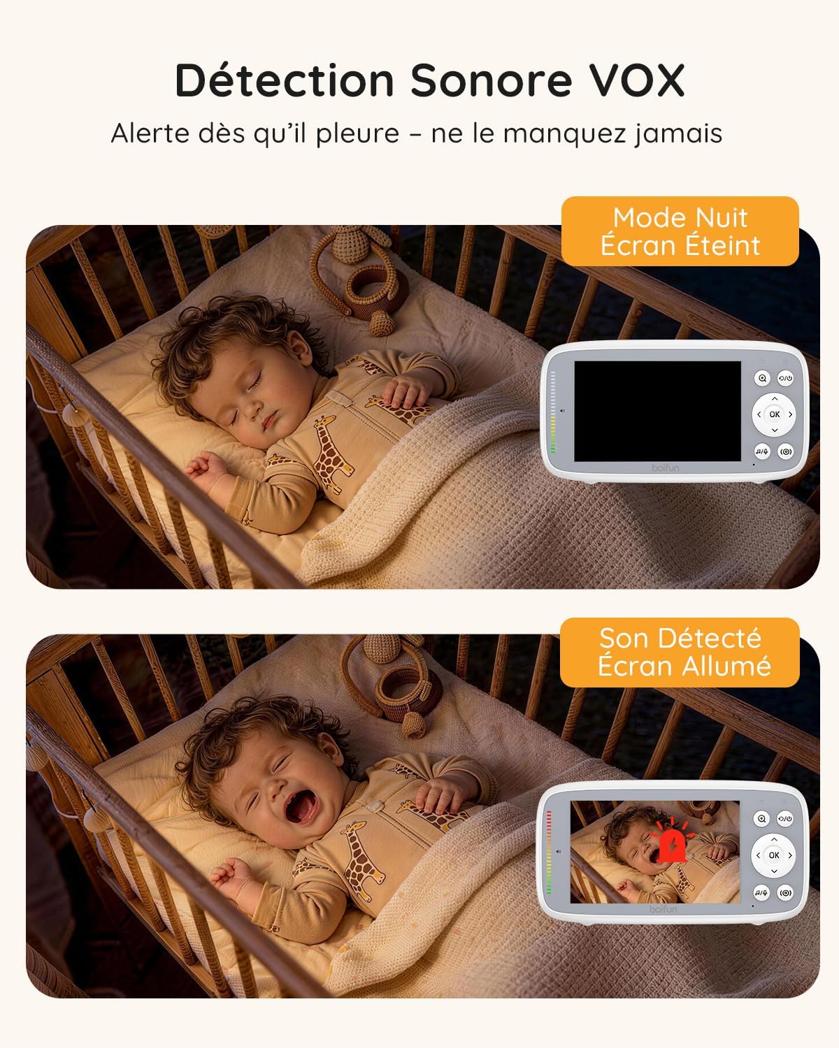 BOIFUN Baby Monitor 4” – 2 Camere, 720P IPS, Night Vision Invizibil, 3X Zoom, Fără WiFi, Securitate 100% Privată